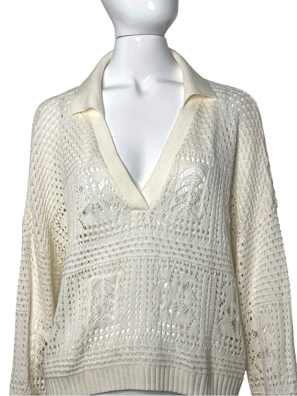 Elan Ivory Polo Collar V-Neck Slouchy Crochet Sweater Size L